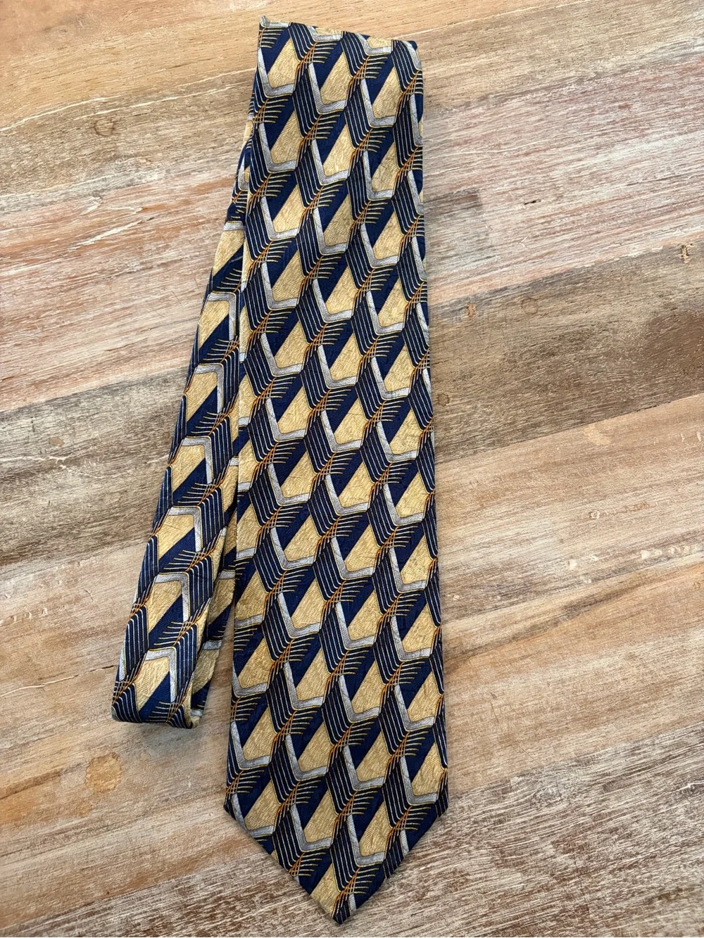 Ermenegildo Zegna 100% Silk “Disegno Esclusivo” Geometric Tie Navy Gold Italy